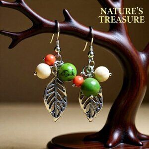 Super Cute!!! Beaded Leaf Cluster Dangle Earrings - Green Mango + Cream